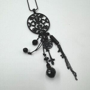 Black Goth Pendant Necklace With Dangling Charms & Beads On 34" Rope Chain